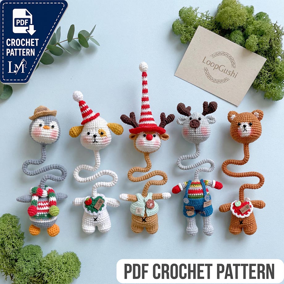 5-in-1 Bag Charm Pattern, Crochet Keychain Pattern, Christmas Reindeer Patterns, Penguin Dog Bear tutorial