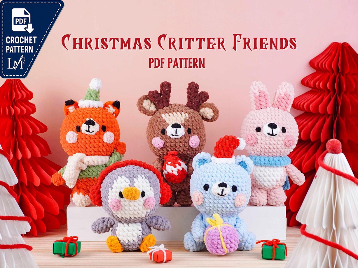 Christmas Critter Friends Crochet Patterns Bundle, Reindeer Pattern, Pinky Bunny Pattern, Penguin Pattern, Blue Bear Pattern, Fox Pattern