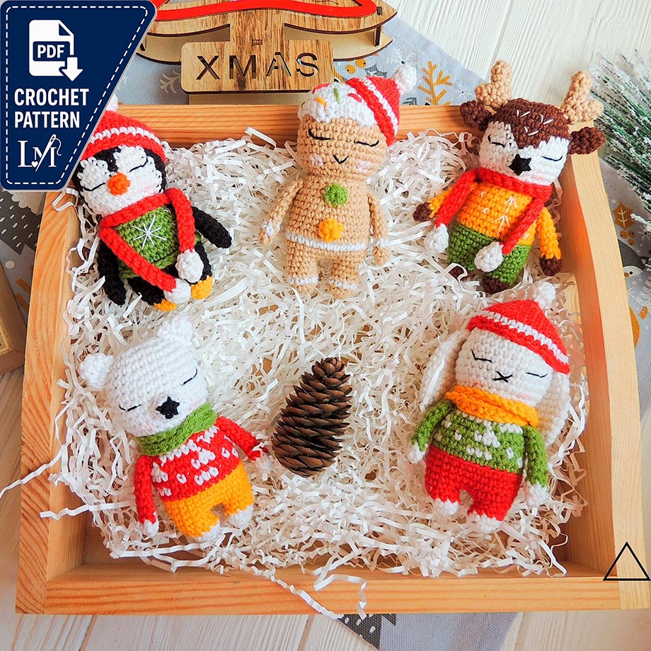 Christmas crochet pattern:penguin,bear,gingerbread,reindeer,bunny/Amigurumi Christmas bundle pattern/Christmas decoration pattern/English