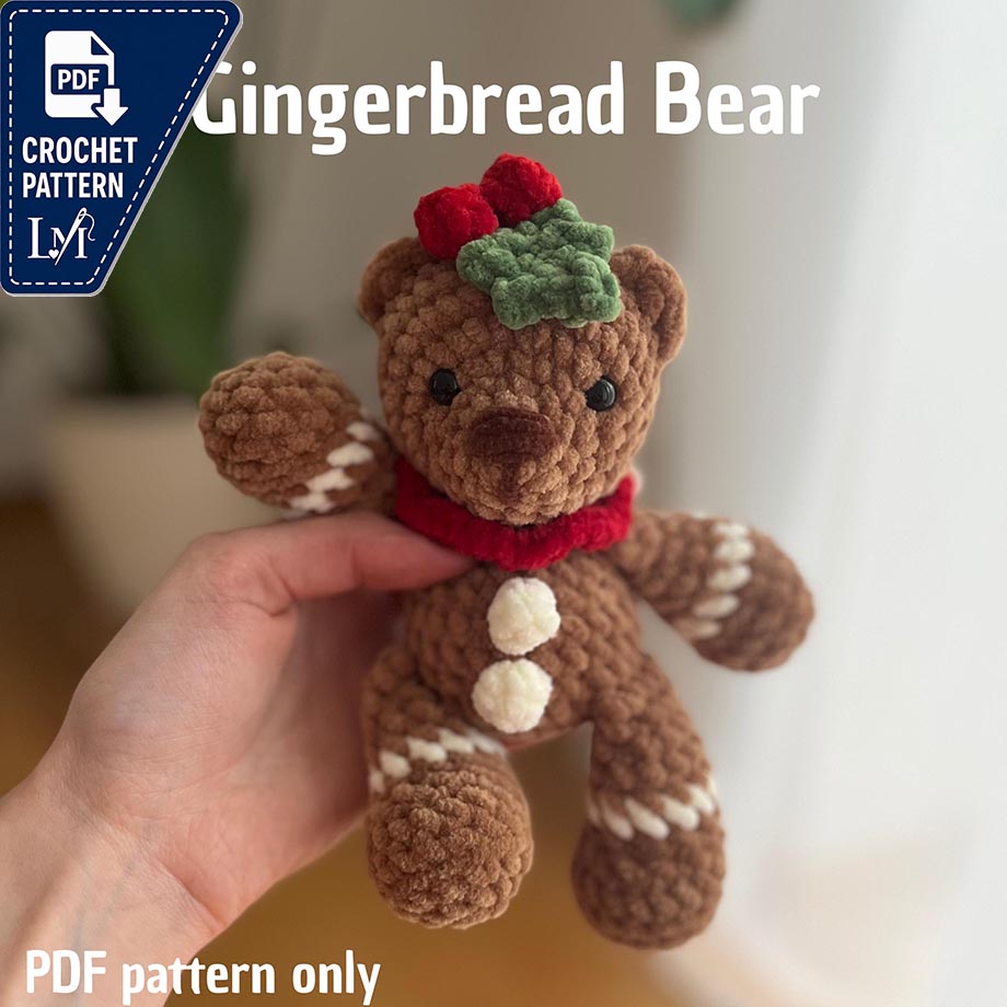 Gingerbread Bear crochet pattern - cute winter amigurumi plushie - Christmas plush brown bear teddy