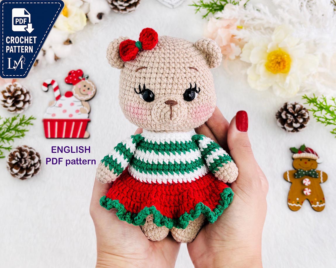 DIY Crochet Christmas Bear Pattern: Easy Nosew Amigurumi pattern (PDF download)