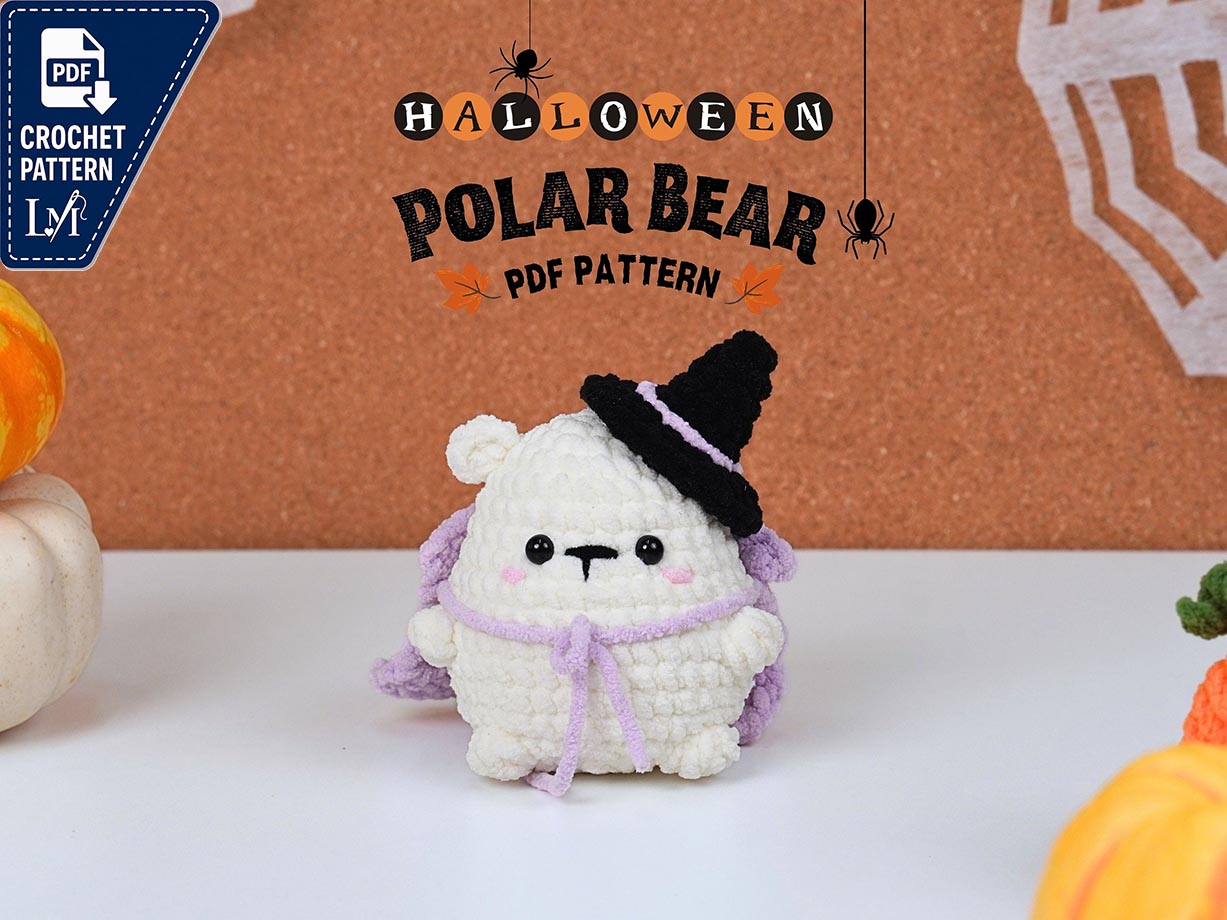 Polar Bear With Witch Hat Crochet Pattern, Polar Bear Crochet Pattern, Halloween Polar Bear No Sew Crochet Pattern, Halloween Crochet