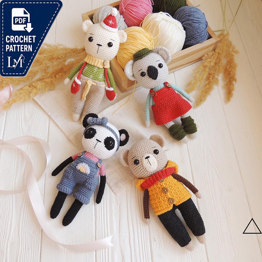 Crochet amigurumi pattern “4 seasons team (4in1)” (bear,koala bear,panda bear,polar bear)/ Crochet clothes pattern for bears/English pattern
