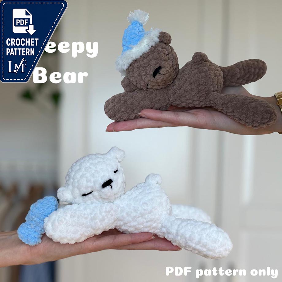 Sleepy Bear Polar Bear Baby crochet pattern - amigurumi plushie Christmas plush holiday baby animal beanie and fish accessories