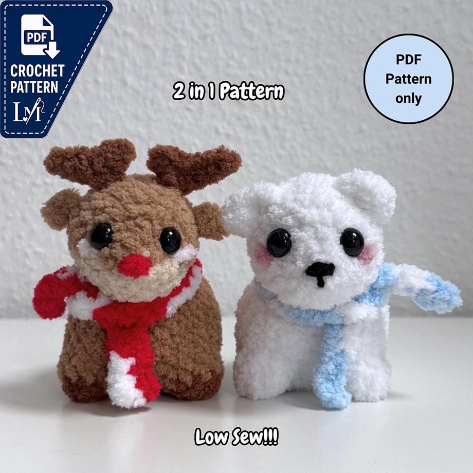 Chubby Polar Bear & Reindeer Crochet Patterns | Low Sew Amigurumi (PDF Pattern)