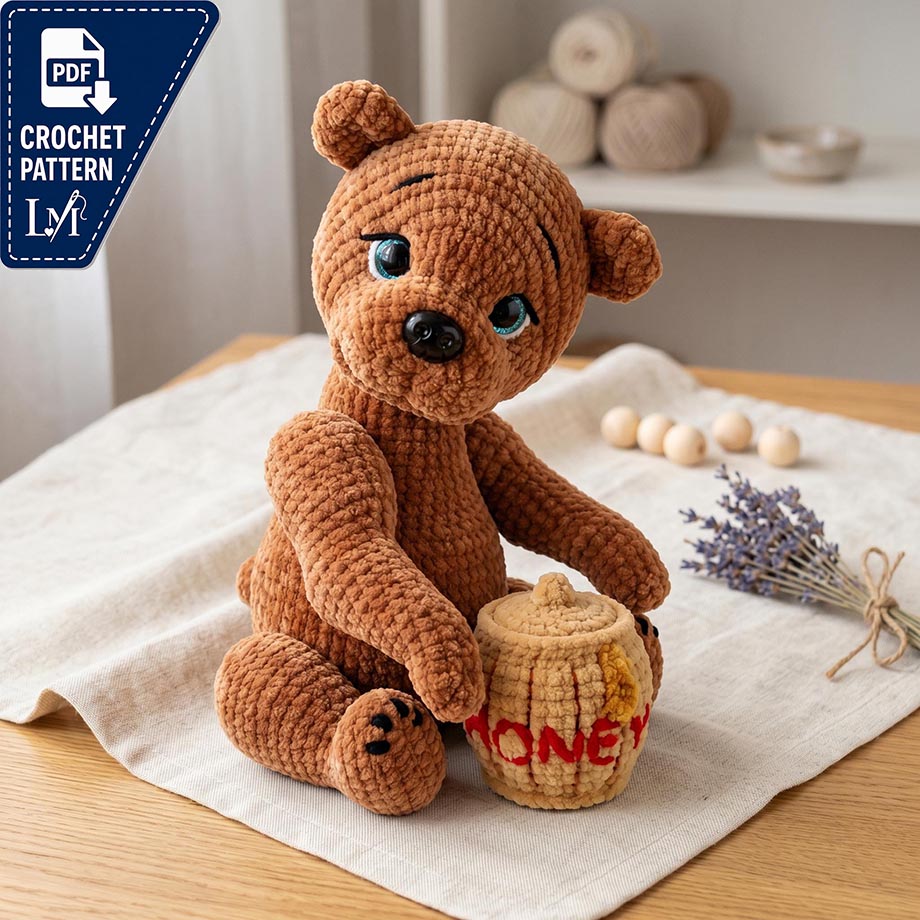 Honey Bear Crochet Pattern PDF | Amigurumi Teddy Bear | Jointed Plushie Toy | Chunky Chenille Animal | Intermediate DIY | Digital Download