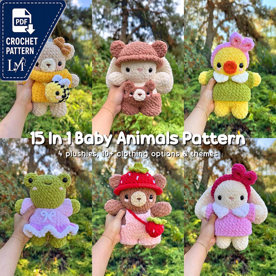 15 in 1 Baby Plushies in Interchangeable Clothing Crochet Pattern Bundle | Bunny, Bear, Frog, Duck