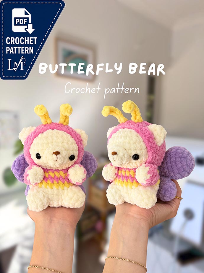 Butterfly Bear Crochet Pattern | Amigurumi Butterfly Teddy Bear Plushie Digital Tutorial Download