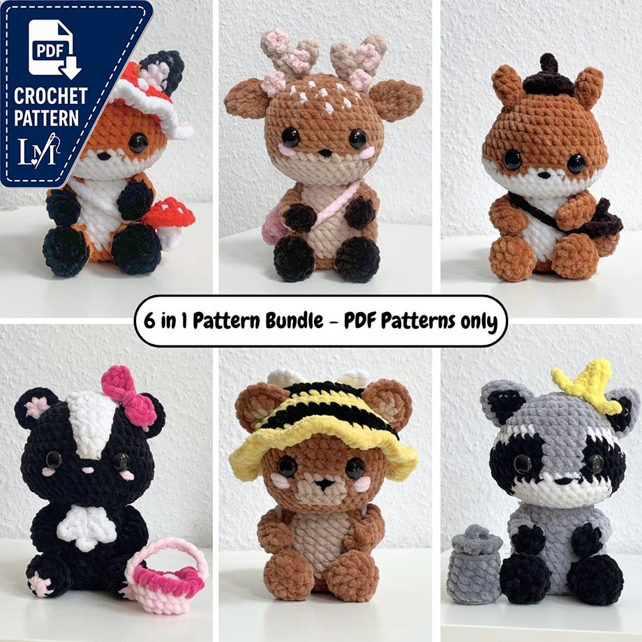 6 in 1 pattern bundle | forest animals with bags | Baby deer, fox, skunk, bear, squirrel and raccoon crochet patterns | Didisplushies