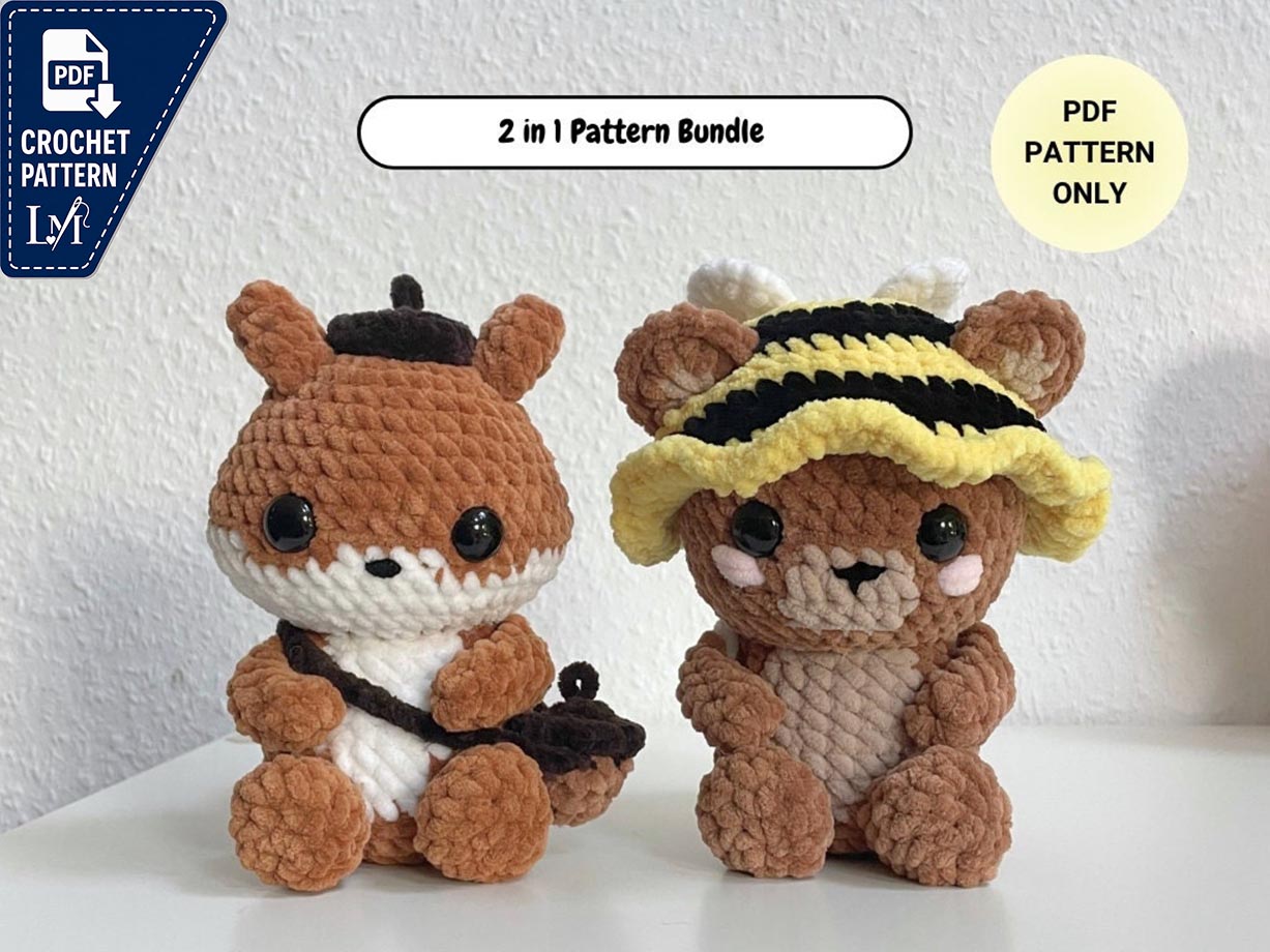 2 in 1 bundle | Baby bear and squirrel crochet pattern | animals with accessories | bee hat + backpack, acorn beret + bag | Didisplushies