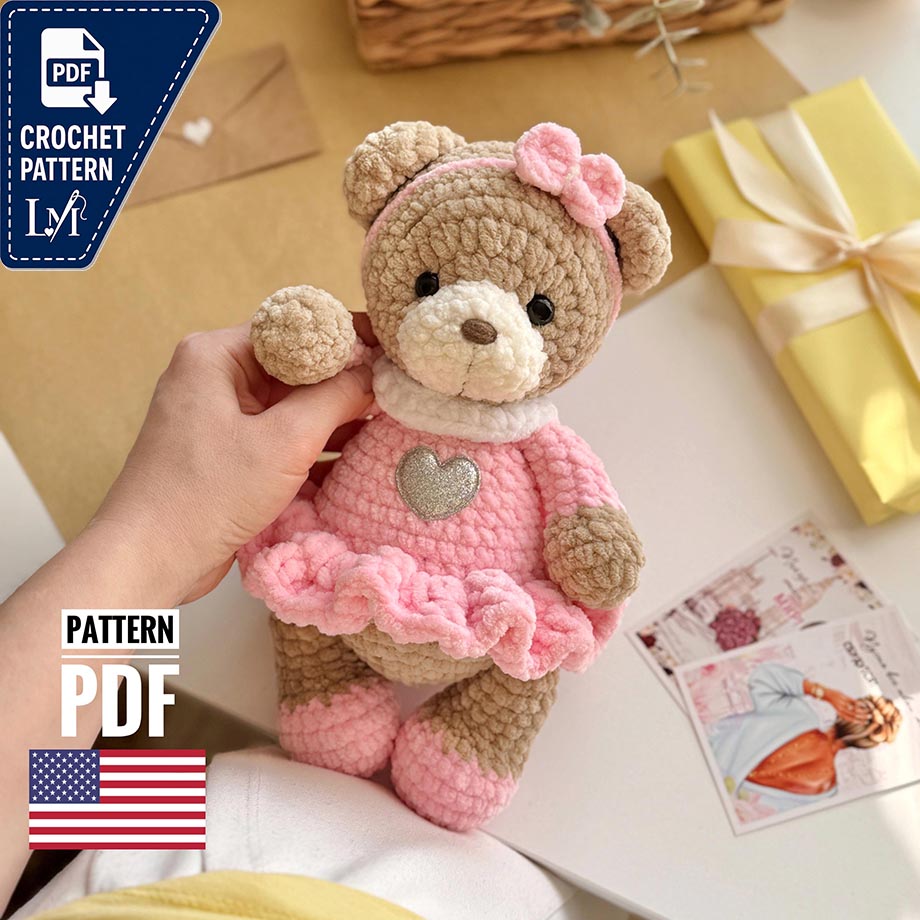 Crochet pattern amigurumi bear in English pdf manual.