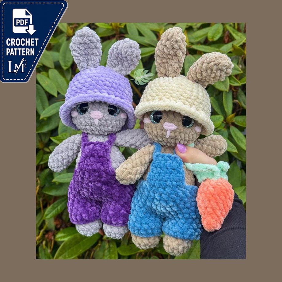 Crochet Pattern: Adorable Bunny in Overalls & Hat – Low-Sew Design by Crochet Grove