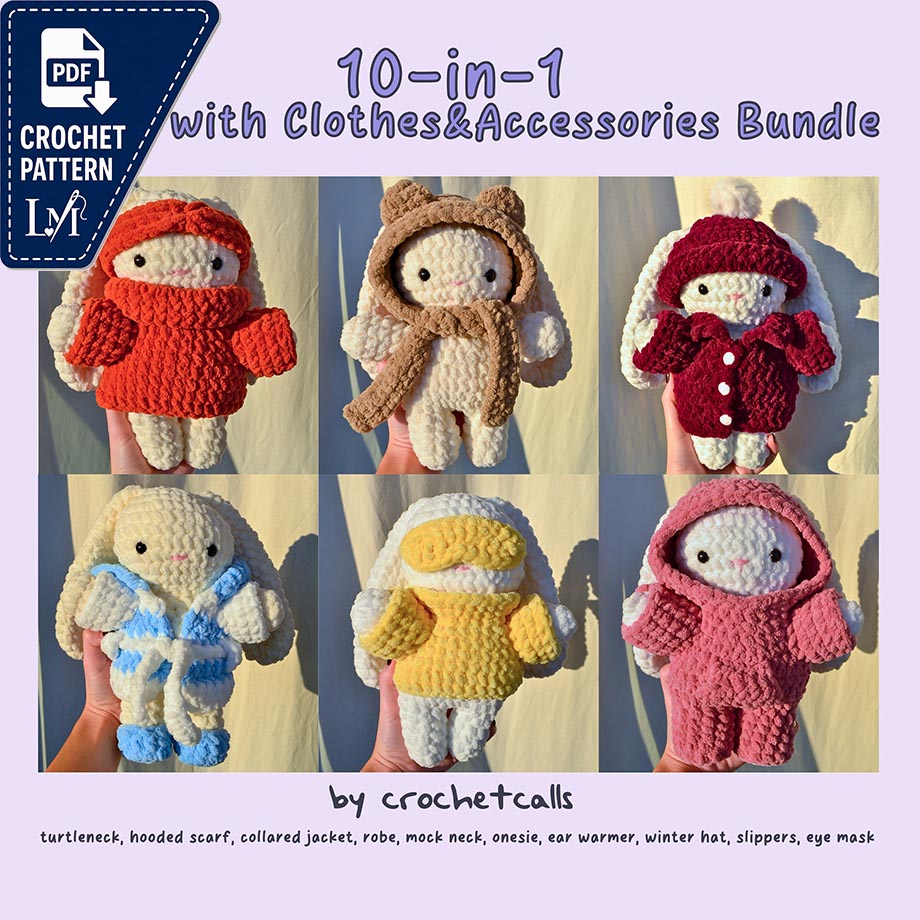 10-in-1 Crochet Bunny with Clothes and Accessories Pattern Bundle Turtleneck Ear Warmer Hoodie Scarf Beanie Bodysuit Robe Winter Jacket