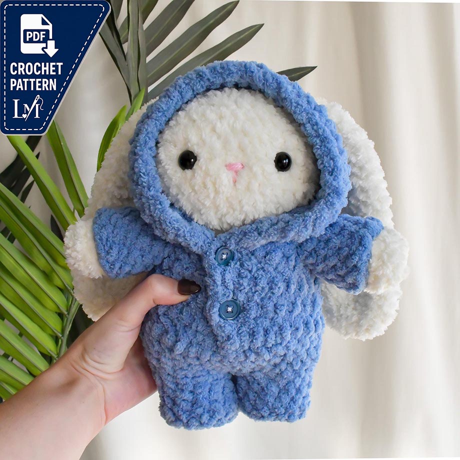 Crochet Bunny in Pajamas Pattern (Amigurumi Plushie with One Piece Bodysuit Clothing)