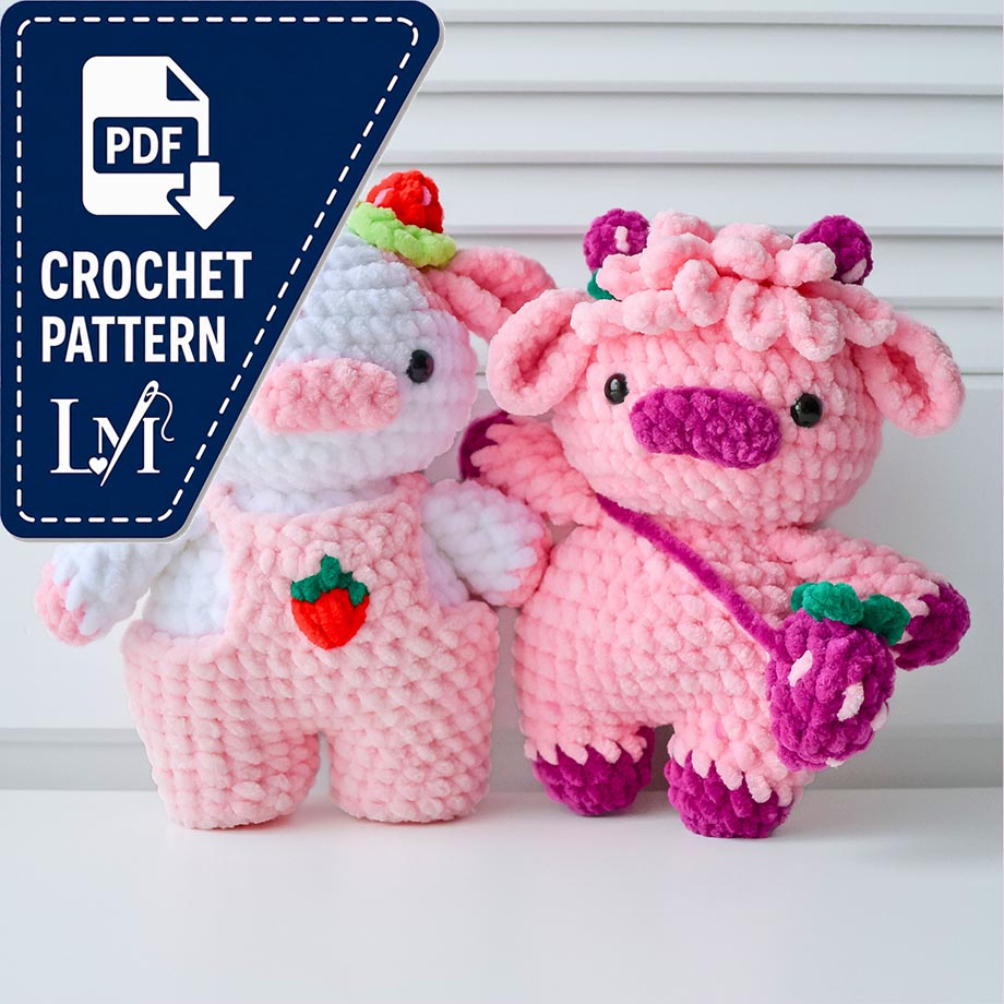2-in-1 Strawberry Cows Crochet Pattern Bundle (Amigurumi Highland Cow Overall Dungaree Cow)