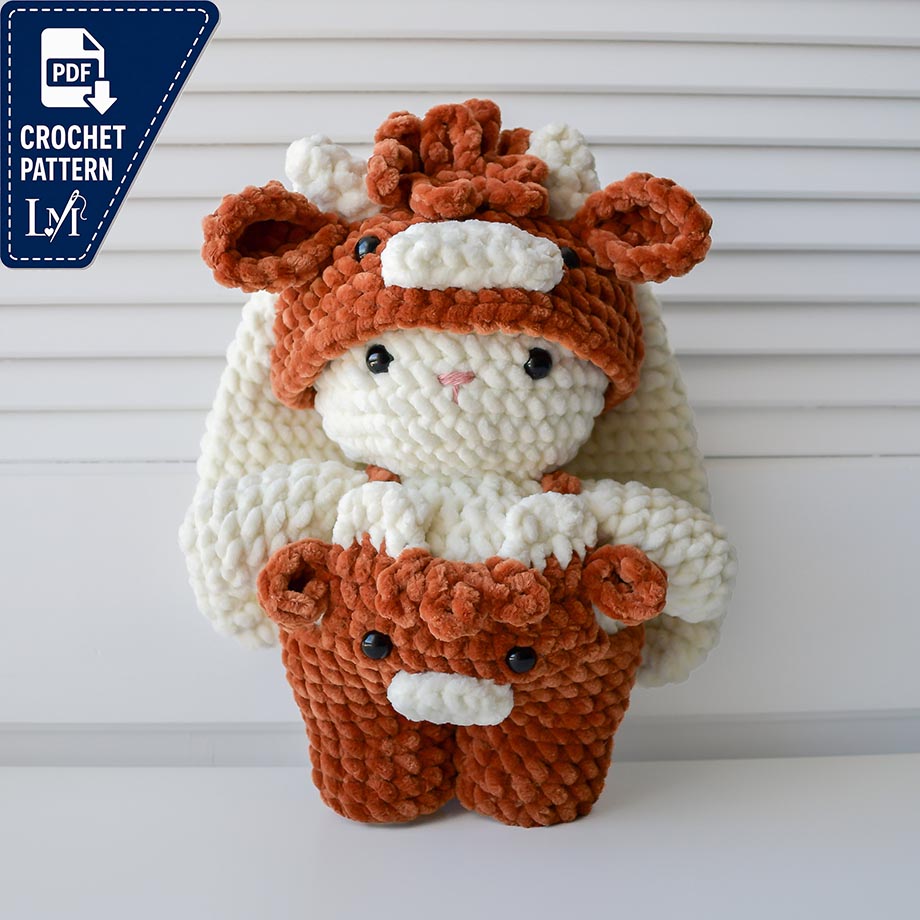 Crochet Bunny in a Highland Cow Outfit Amigurumi Pattern - Overalls and Hat Included