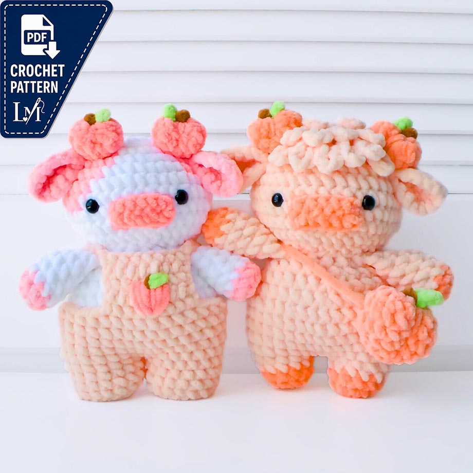 2-in-1 Peach Cows Crochet Pattern Bundle (Amigurumi Highland Cow Overall Dungaree Cow)