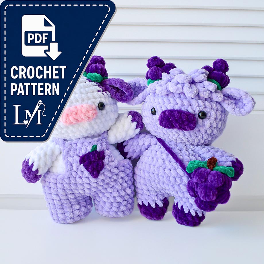 2-in-1 Grape Cows Crochet Pattern Bundle (Amigurumi Highland Cow Overall Dungaree Cow)