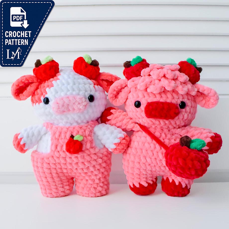 2-in-1 Apple Cows Crochet Pattern Bundle (Amigurumi Highland Cow Overall Dungaree Cow)