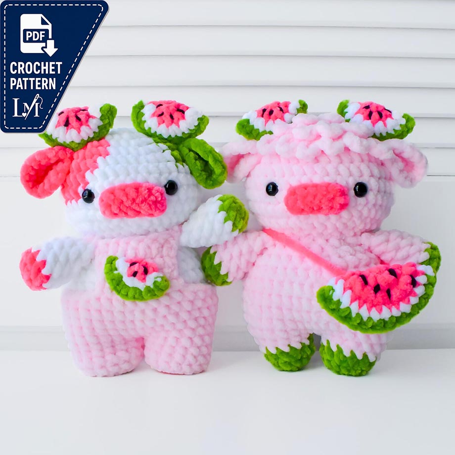 2-in-1 Watermelon Cows Crochet Pattern Bundle (Amigurumi Highland Cow Overall Dungaree Cow)