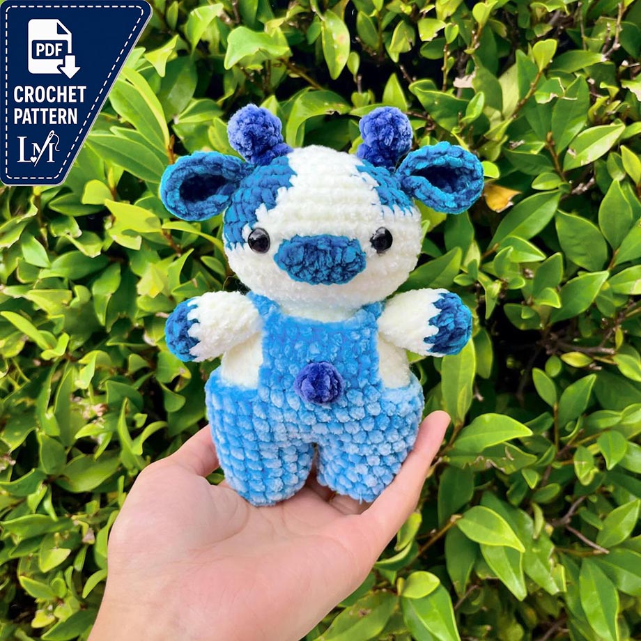 2-in-1 Blueberry Cows Crochet Pattern Bundle (Amigurumi Highland Cow Overall Dungaree Cow)