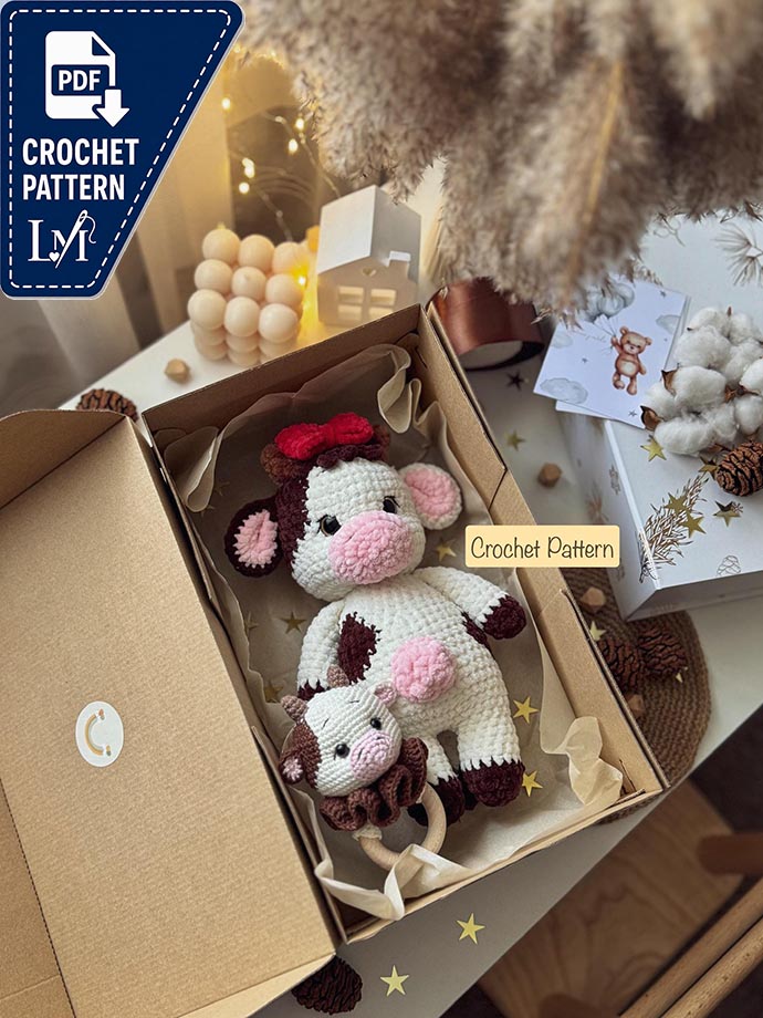 Amigurumi Cow Crochet Pattern Set 2in1, Cute Plush Cow Pattern, Cow Baby Rattle Pattern, Cow Amigurumi, PDF Eng