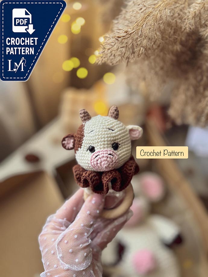 Amigurumi Cow Rattle Crochet Pattern, Crochet Baby Rattle Pattern, Cute farm Animal Toy Tutorial, PDF English