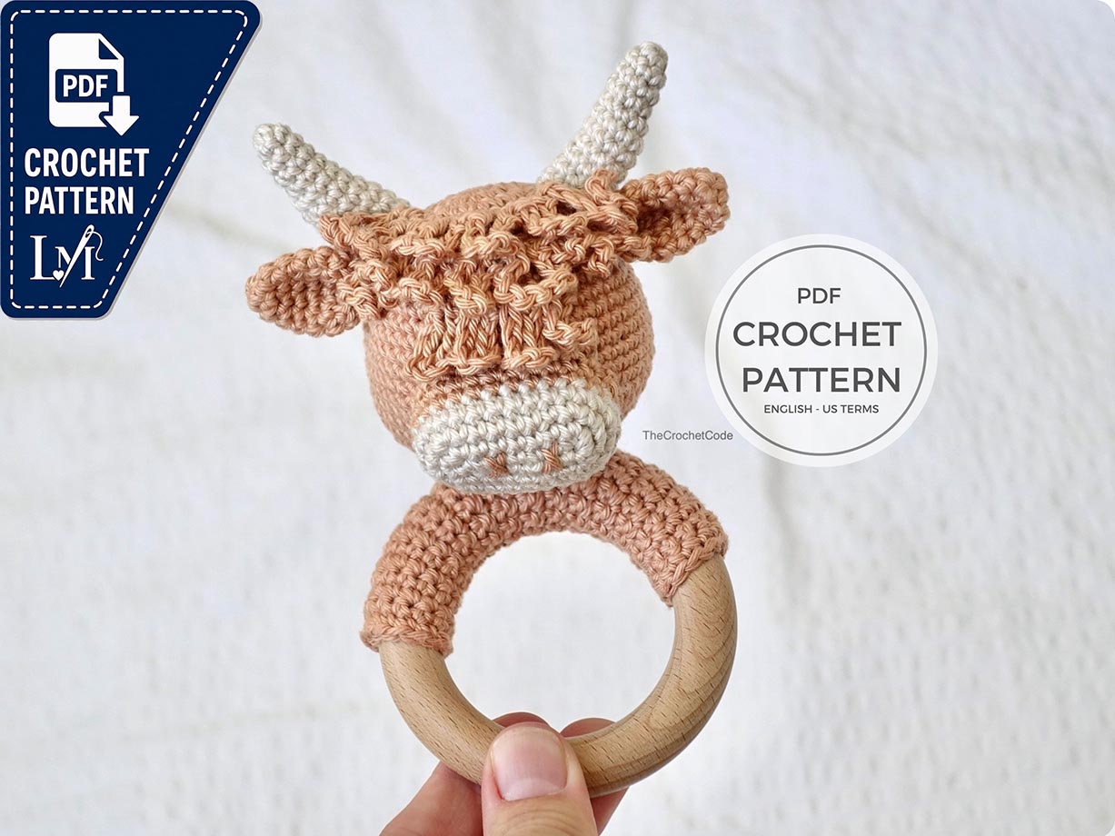 Crochet Pattern - Gus the Highland cow DIY Teething ring baby rattle - Instant pdf download printable recipe tutorial English Us Terminology