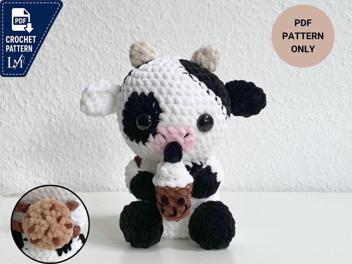 Baby Cow Crochet Pattern | Boba Cow | cute cow with bubble tea and cookie backpack | advanced beginner crochet pattern | Didisplushies