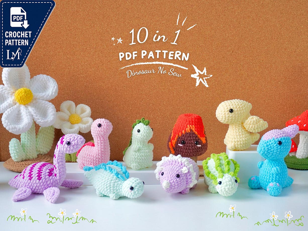 Dinosaur No-Sew Crochet Bundle, Amigurumi Crochet Pattern, Dinosaur World Crochet, Tyrannosaurus Crochet, Triceratops Pattern