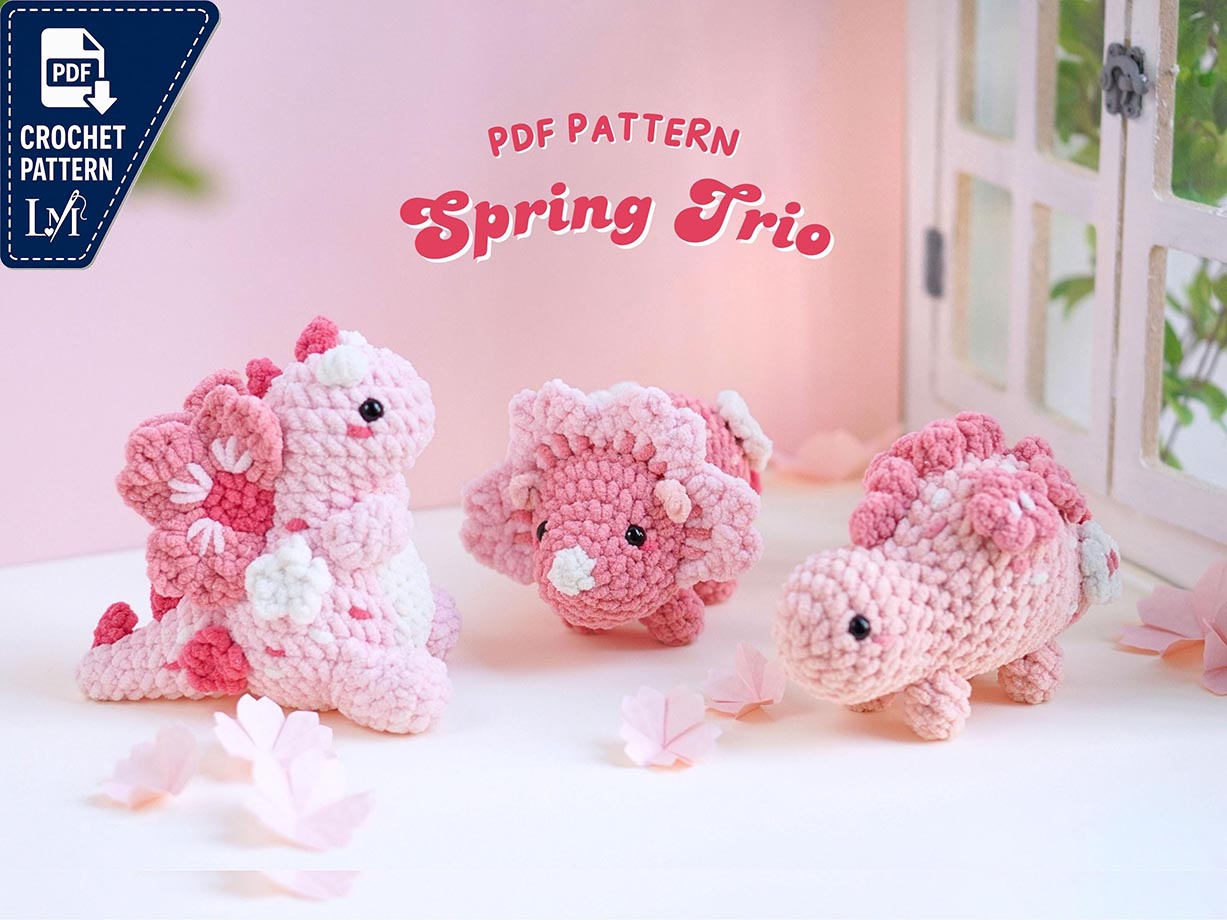 Spring Friends Crochet Patterns Bundle, Valentine Crochet Patterns, Dinosaur Pattern, Tyrannosaurus Pattern, Triceratops Pattern