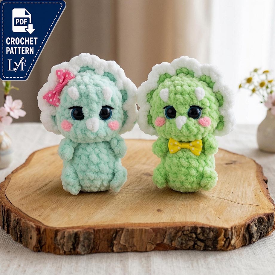 Amigurumi Dinosaur Crochet Pattern | 11cm Triceratops Plush Toy PDF | Cute Mini Dragon Tutorial for Plush Yarn