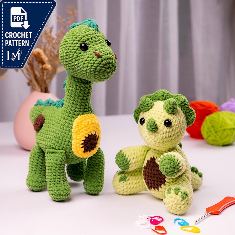 2in1 Dinosaur Avocado Dinosaur Crochet Pattern Bundle PDF, Triceratops and Brontosaurus Amigurumi Set, Cute Dino Plush
