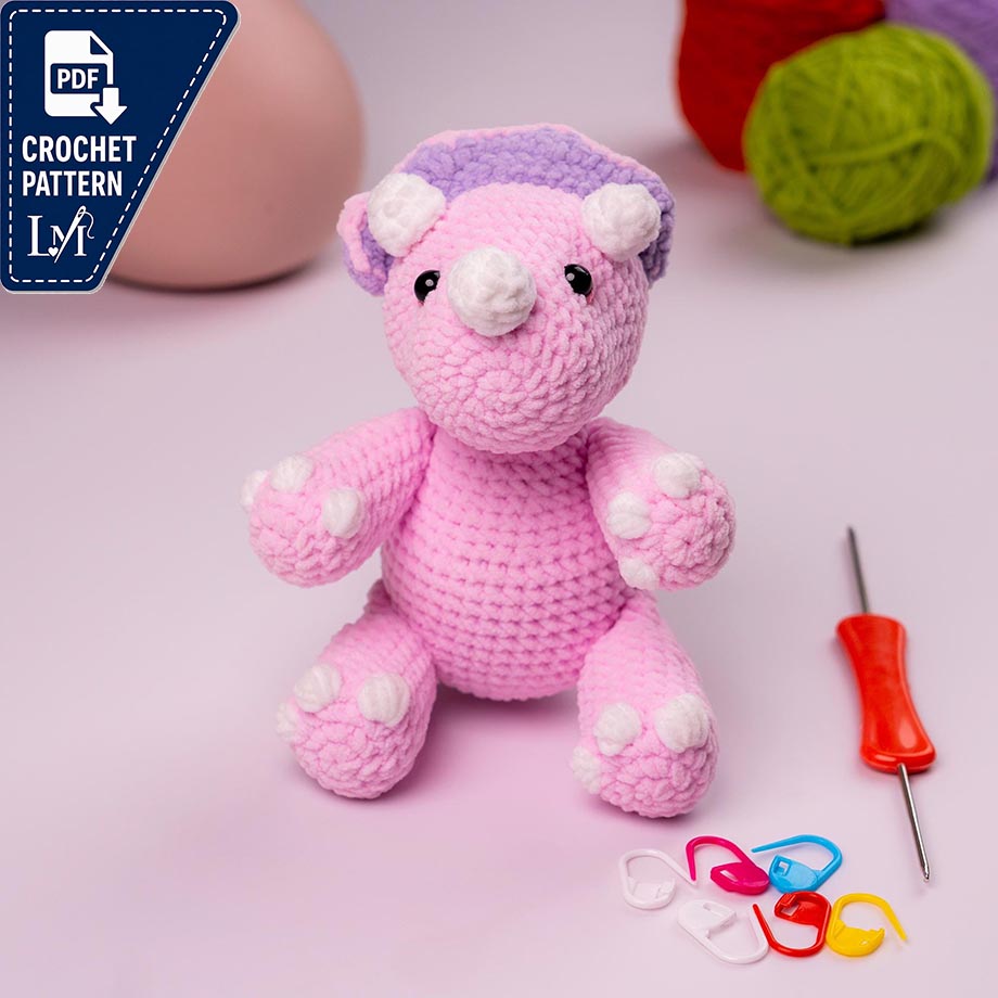 Pink Triceratops Crochet Pattern PDF, Cute Baby Dinosaur Amigurumi, Kawaii Plush Dino Toy Pattern, Nursery Gift, Amigurumi Crochet Pattern