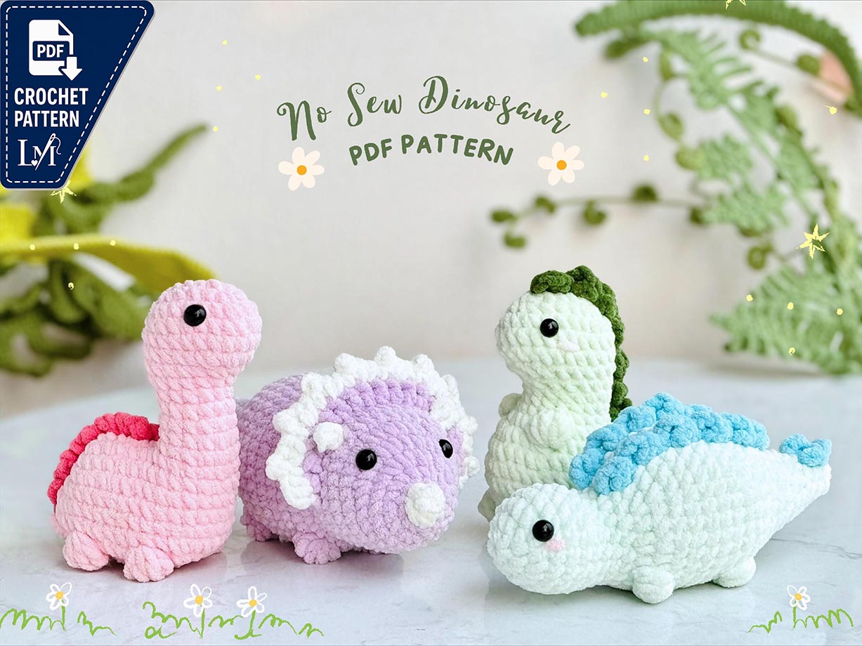 Dinosaur Jurassic World No Sew Crochet Pattern, No Sew Amigurumi Crochet Patterns | Triceratops, Tyrannosaurus, Stegosaurus, Dinosaur