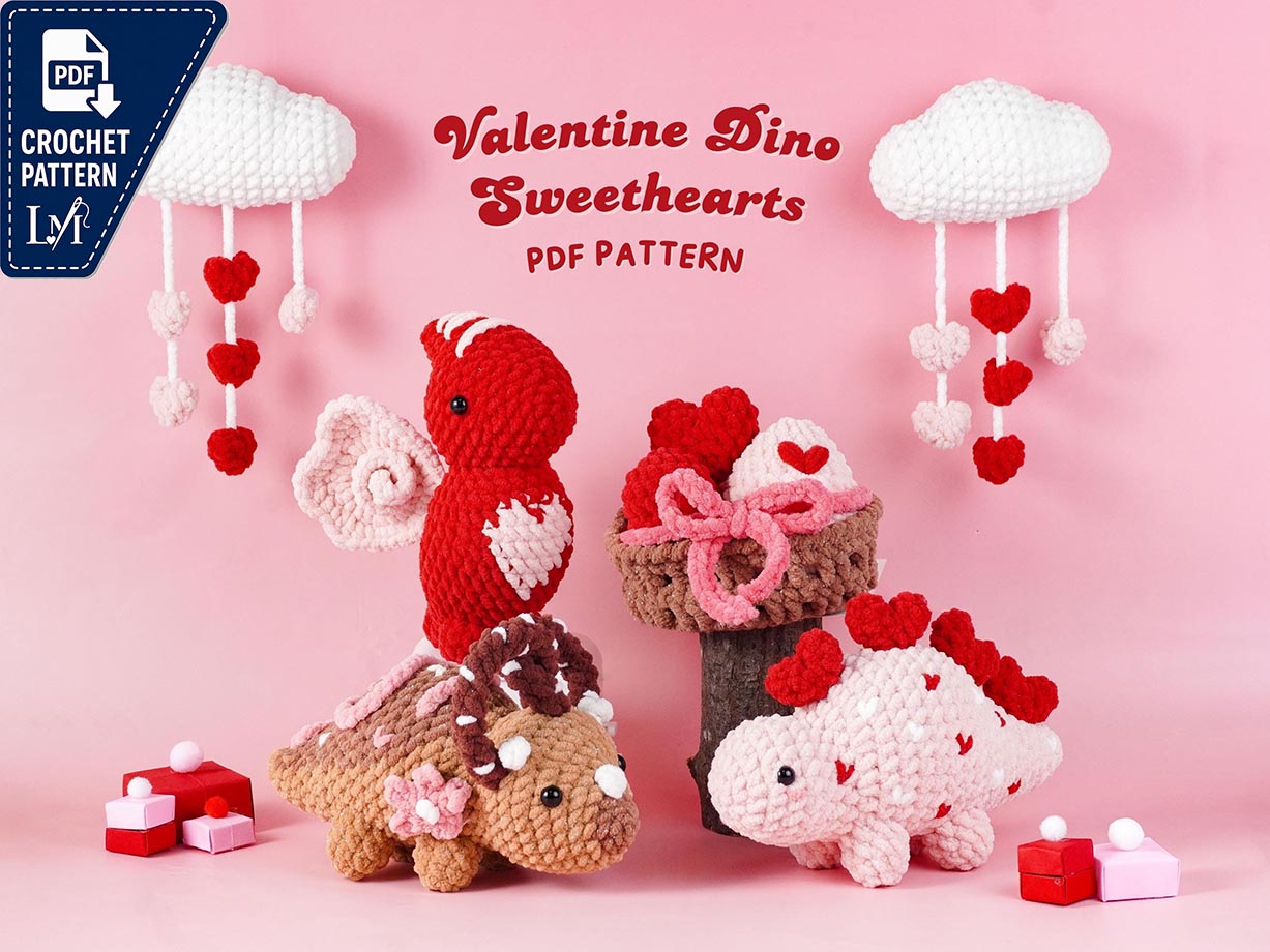 Valentine Dino Sweethearts Crochet Patterns Bundle, Stegosaurus Pattern, Triceratops Pattern,Pterosauria Pattern,Dinosaur Egg Basket Pattern