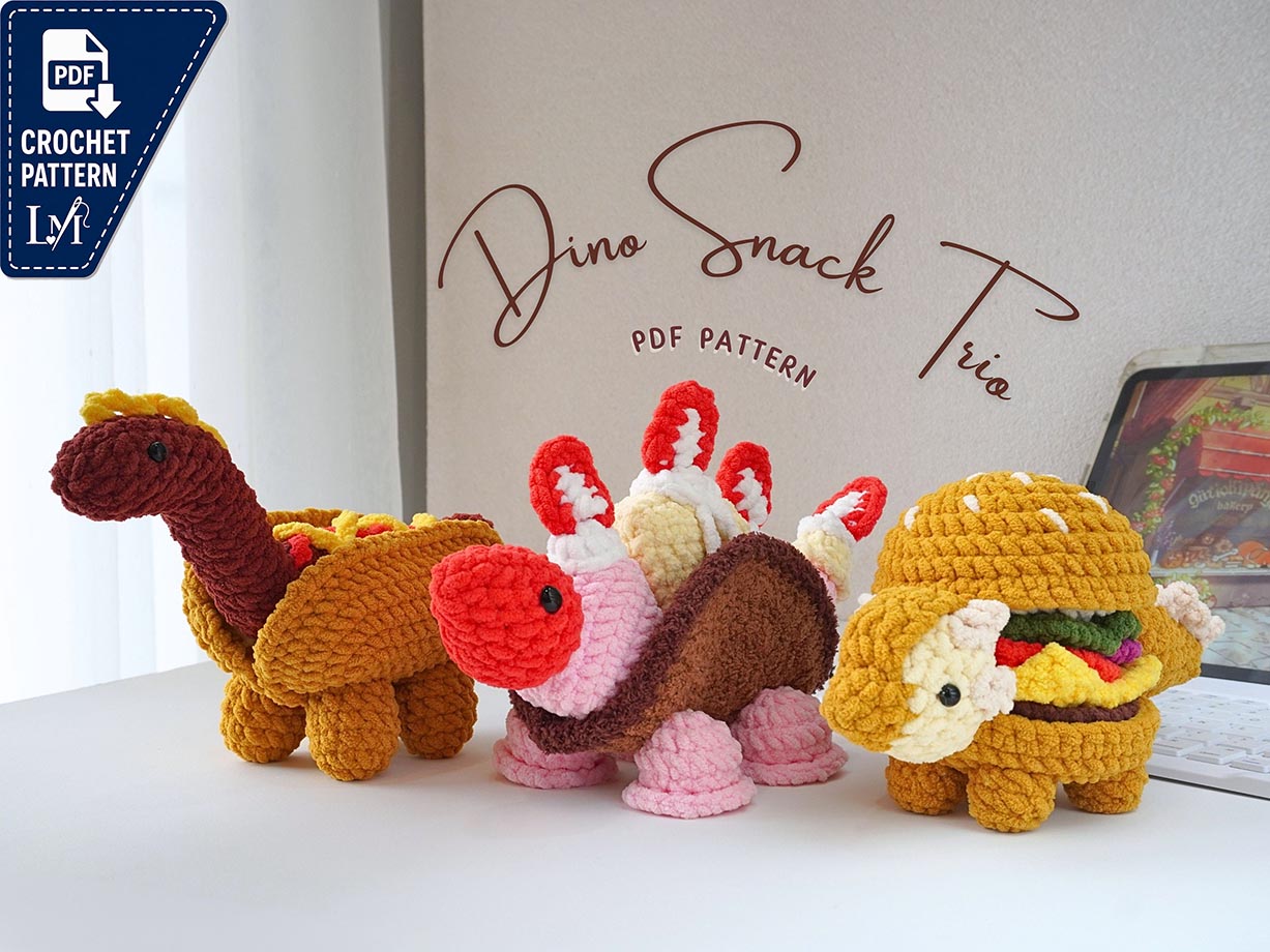 Dinosaur Crochet Pattern Bundle, Dino Snack Trio Crochet, Ice Cream Stegosaurus Crochet, Hot Dog Brachiosaurus Crochet, Ankylobuger Crochet
