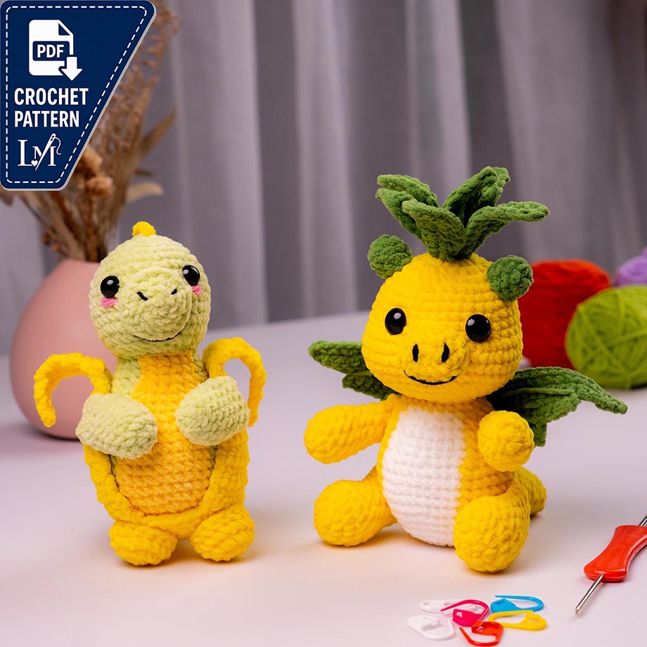 Set 2 Fruit Dino Crochet Pattern, Banana Dinosaur Amigurumi, Pineapple Dino Plush Pattern, Cute Food Animal Toy, Amigurumi Crochet Pattern