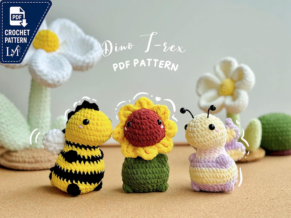 Sunflower Dinosaur No Sew Crochet Pattern, Butterfly Dinosaur Crochet Pattern, Bee-rex Crochet Pattern, No Sew Amigurumi Crochet Patterns