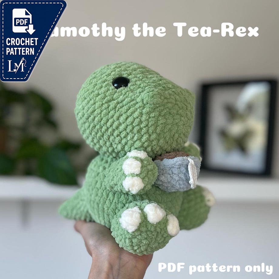 Teamothy the Tea-Rex crochet pattern - cozy fall tea plushie pattern - chubby dinosaur Amigurumi dino