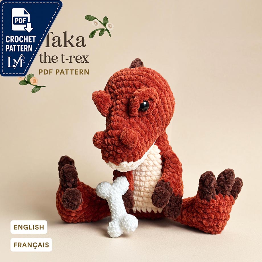 Taka the T-Rex | Dinosaur plushie crochet easy beginner pattern | Tyrannosaurus amigurumi | PDF low sew, cute and unique pattern