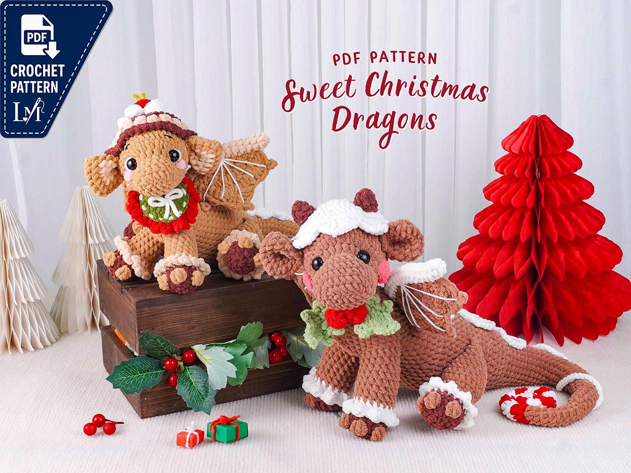 Sweet Christmas Dragons Crochet Patterns Bundle, Gingerbread Dragon Pattern, Baby Caramel Dragon Pattern, Christmas Amigurumi Dragons