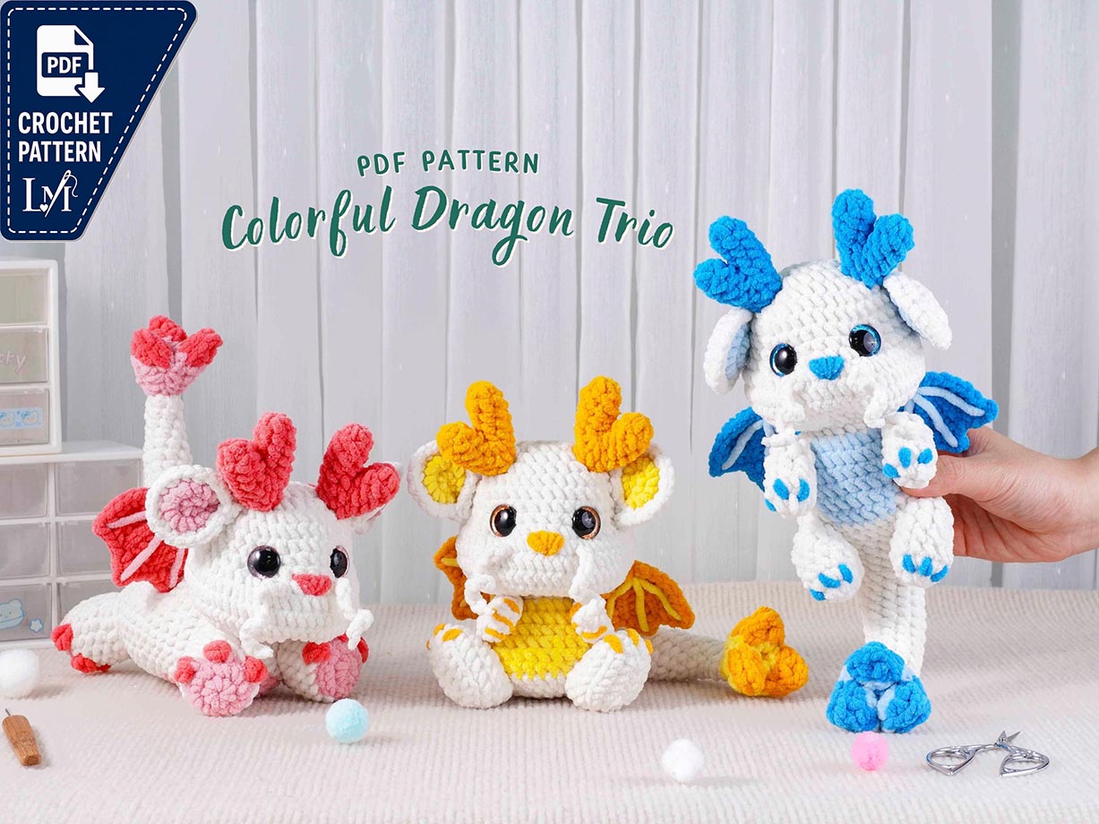 Colorful Dragon Trio Crochet Patterns, Yellow Dragon Pattern, Pink Dragon Pattern, Blue Dragon Pattern, Amigurumi Crochet Patterns
