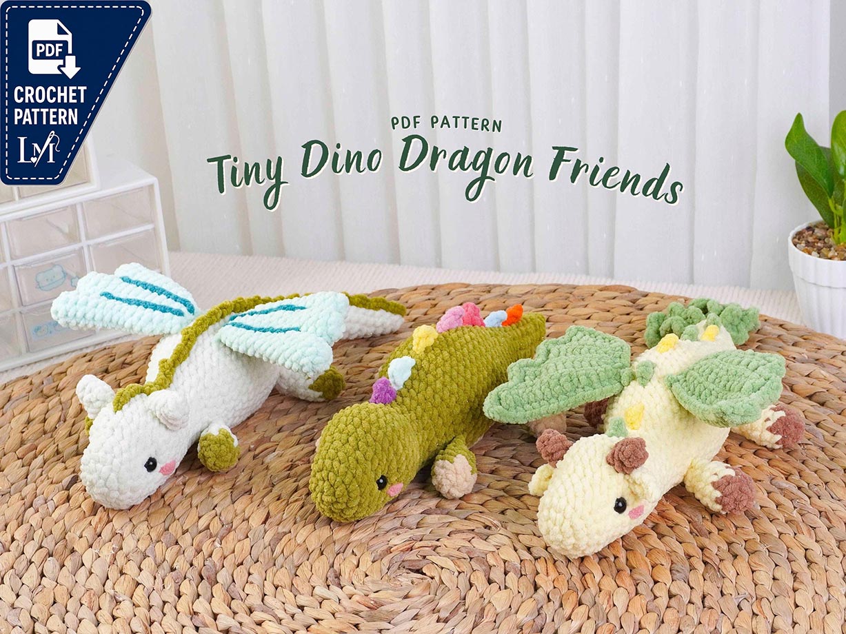 Tiny Dino Dragon Friends Crochet Pattern Bundle, Small Dinosaur Pattern, Small White Dragon Pattern, Small Yellow Dragon Pattern
