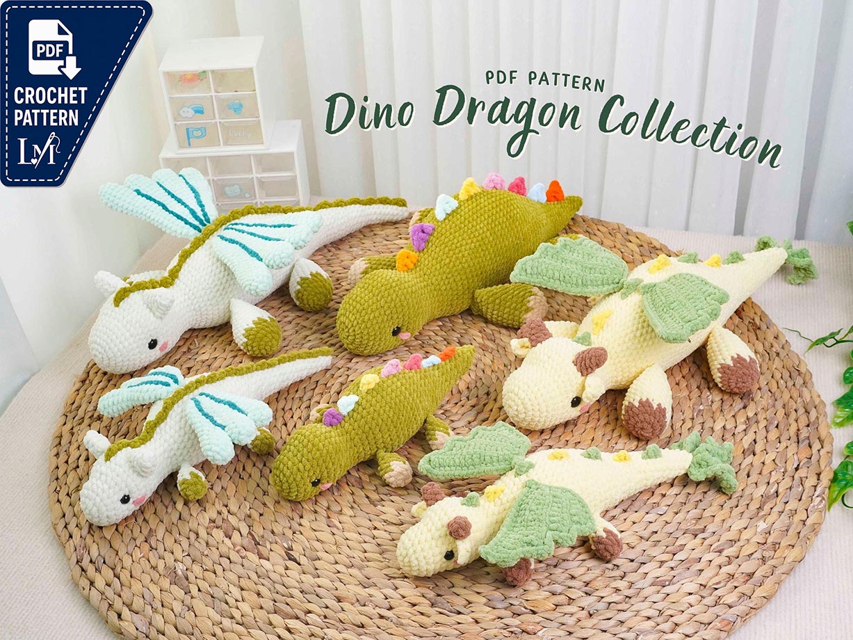 Dino Dragon Crochet Pattern Collection, White Dragon Pattern, Yellow Dragon Pattern, Dinosaur Pattern, Dragon Dinosaur Amigurumi Bundle