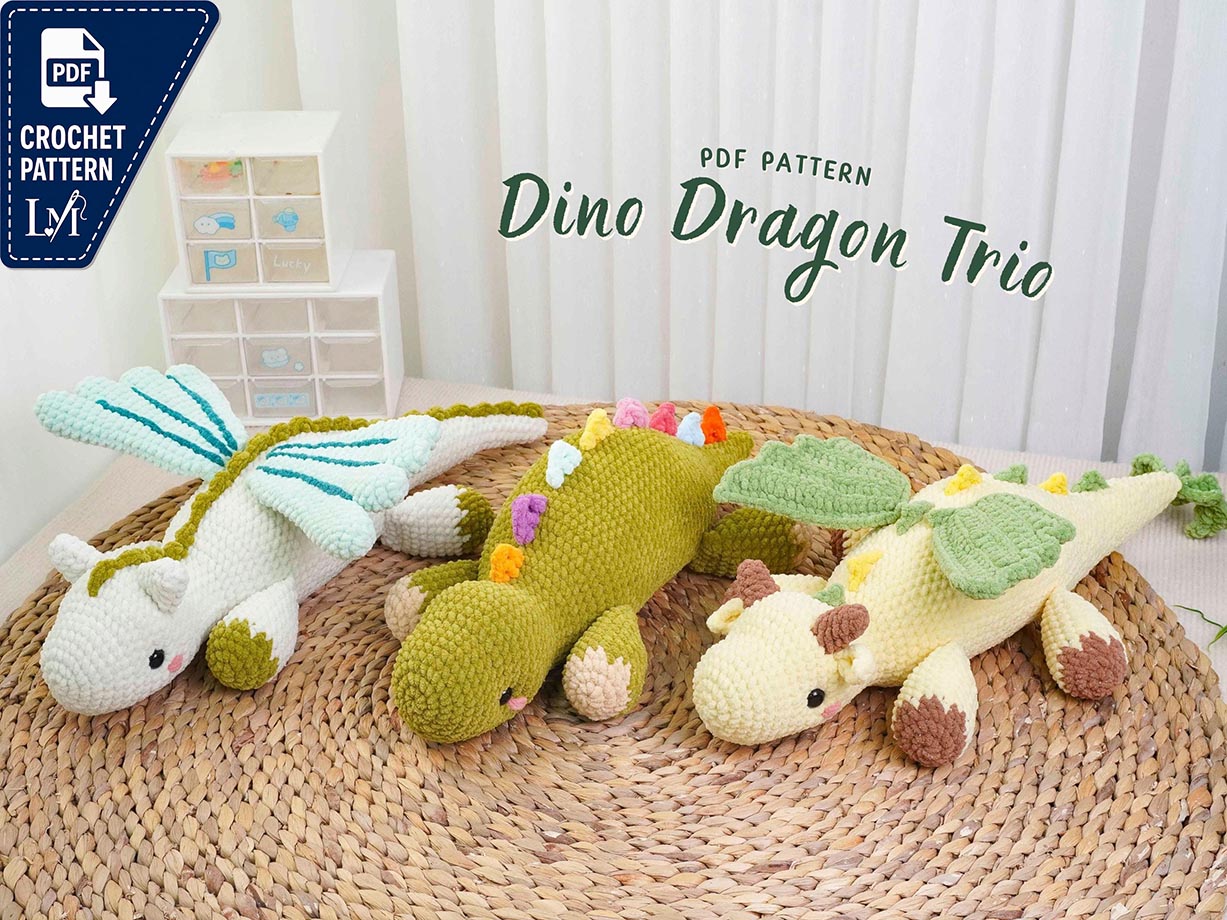 Dino Dragon Crochet Pattern Bundle, White Dragon Pattern, Yellow Dragon Pattern, Dinosaur Pattern, Dragon Amigurumi Pattern, PDF Pattern