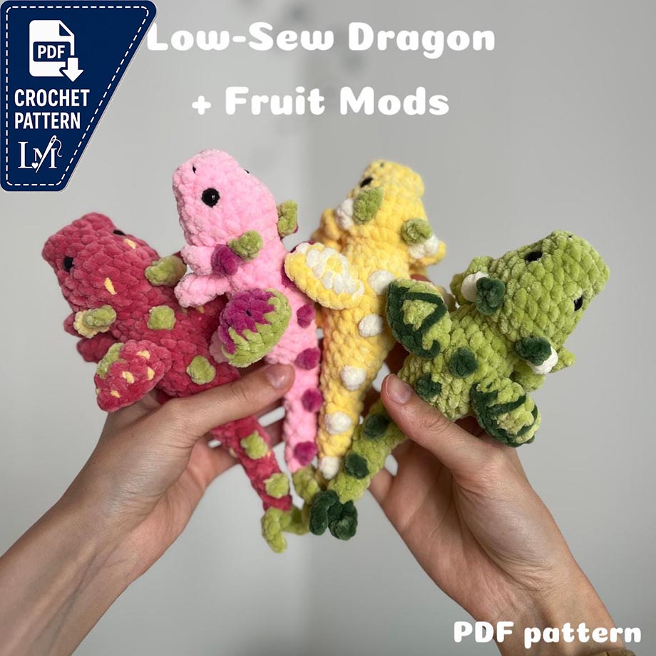 Low-Sew Mini Dragon Crochet Pattern - fruit dragons amigurumi fantasy strawberry lemon melon - cute plushie pattern