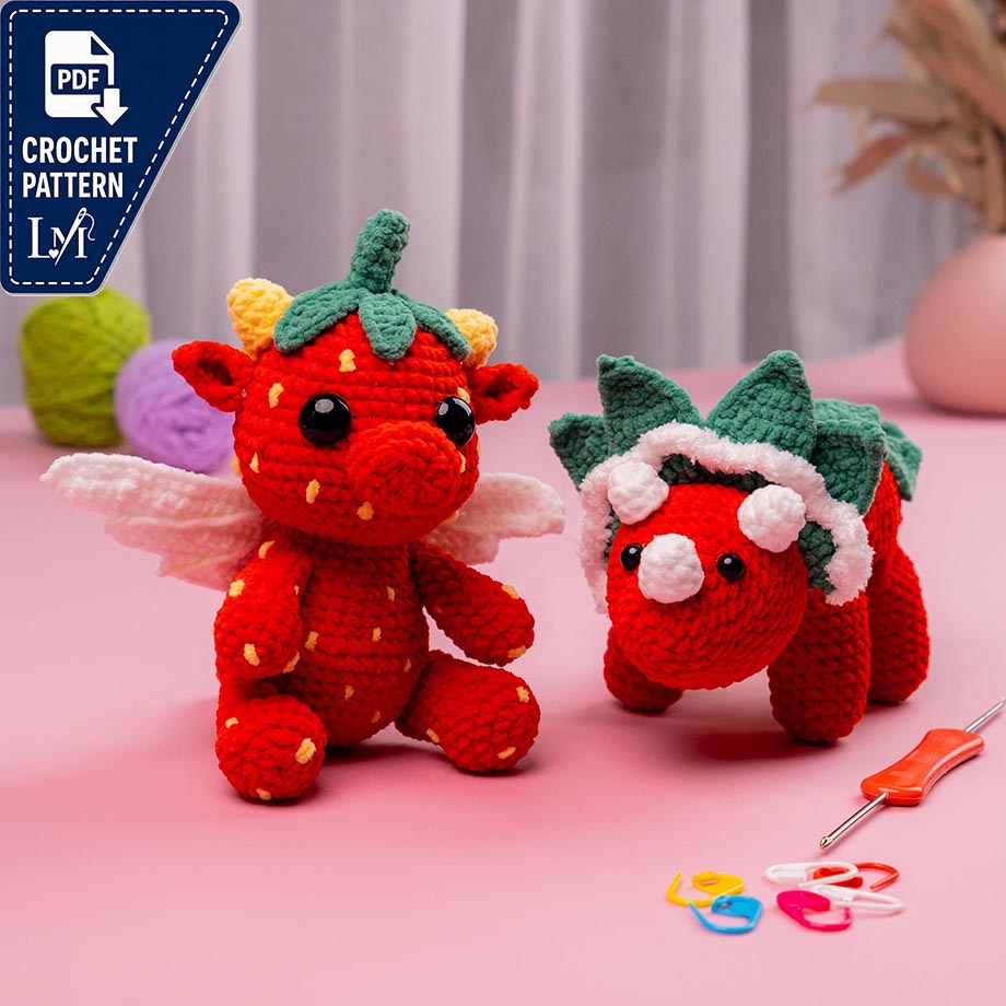 2in1 Dinosaur Crochet Pattern Bundle PDF, Dragon & Triceratops Amigurumi Plush, Cute Strawberry and Dragon Fruit Toy