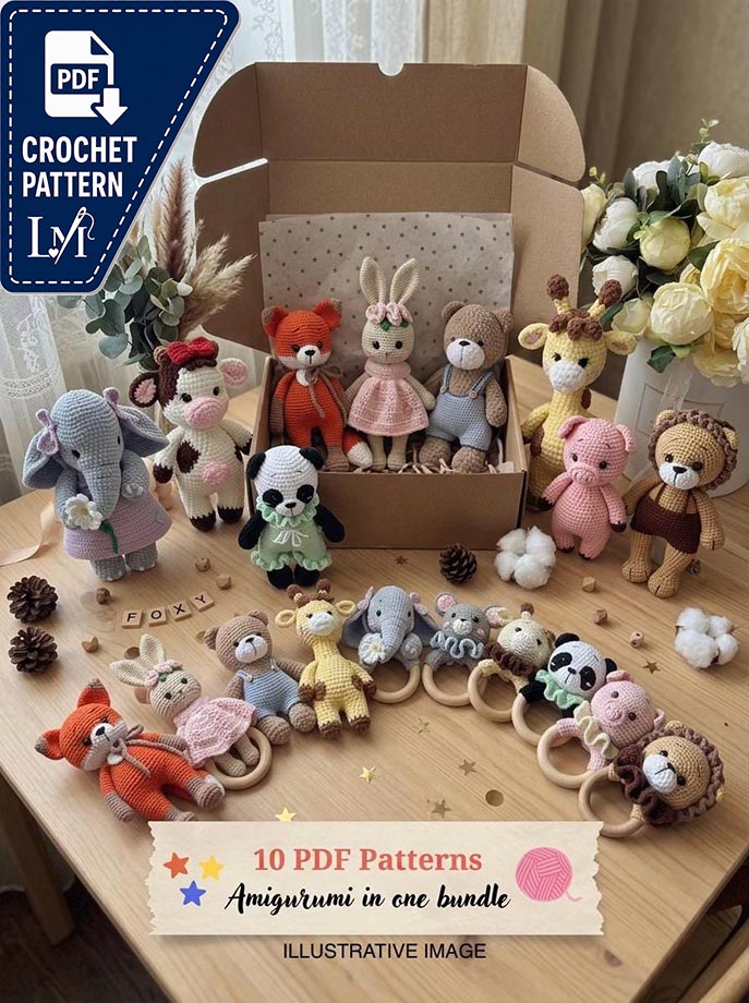 Premium Amigurumi Bundle 10 Crochet Patterns Toys + Rattles + Baby Booties, Bunny, Lion, Fox, Bear, Mouse, Panda, Giraffe, Cow, Pig, Elephant