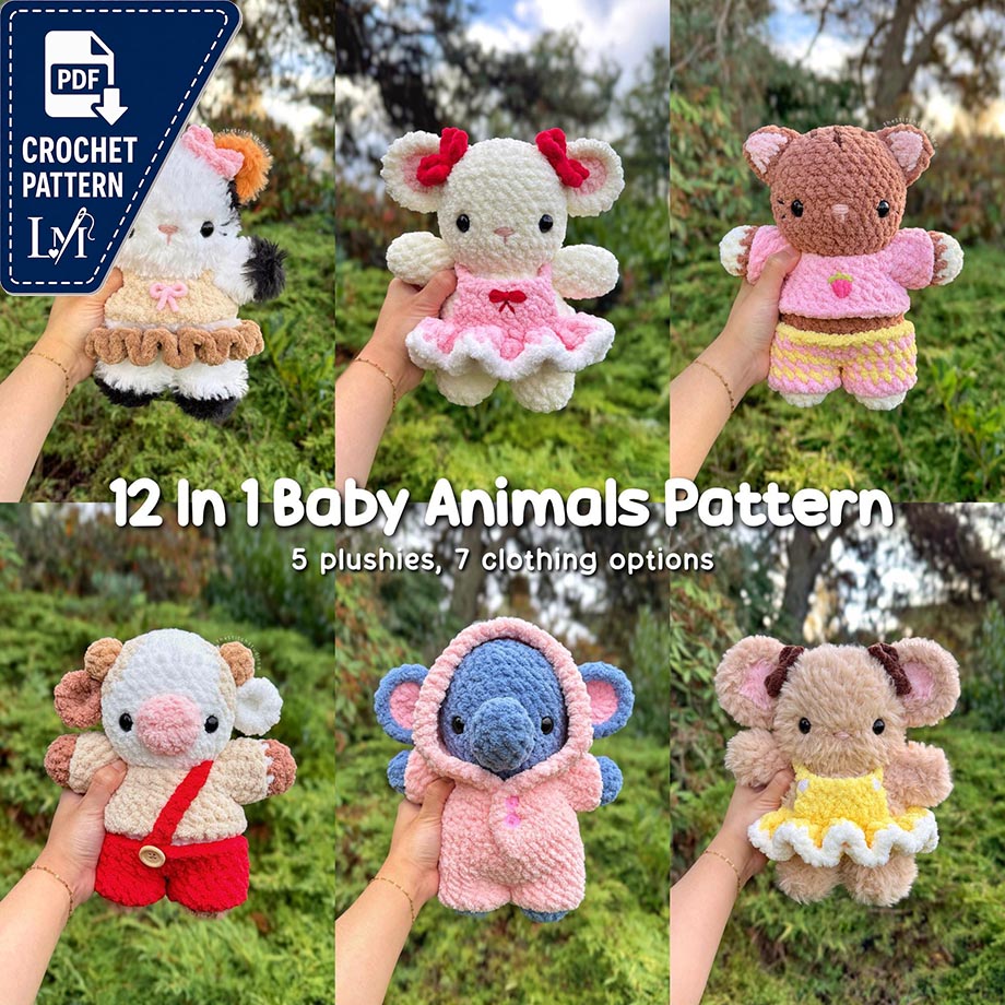 12 In 1 Baby Plushies In Interchangeable Clothing Crochet Pattern Bundle | Calico and Tabby Cat, Mouse, Elephant, Cow